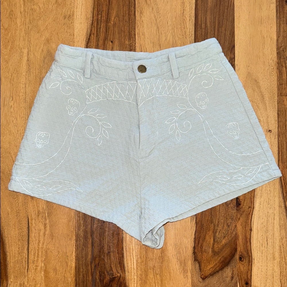 Tallow Sage Green Skull Botanical Embroidered High Waist Textured Shorts